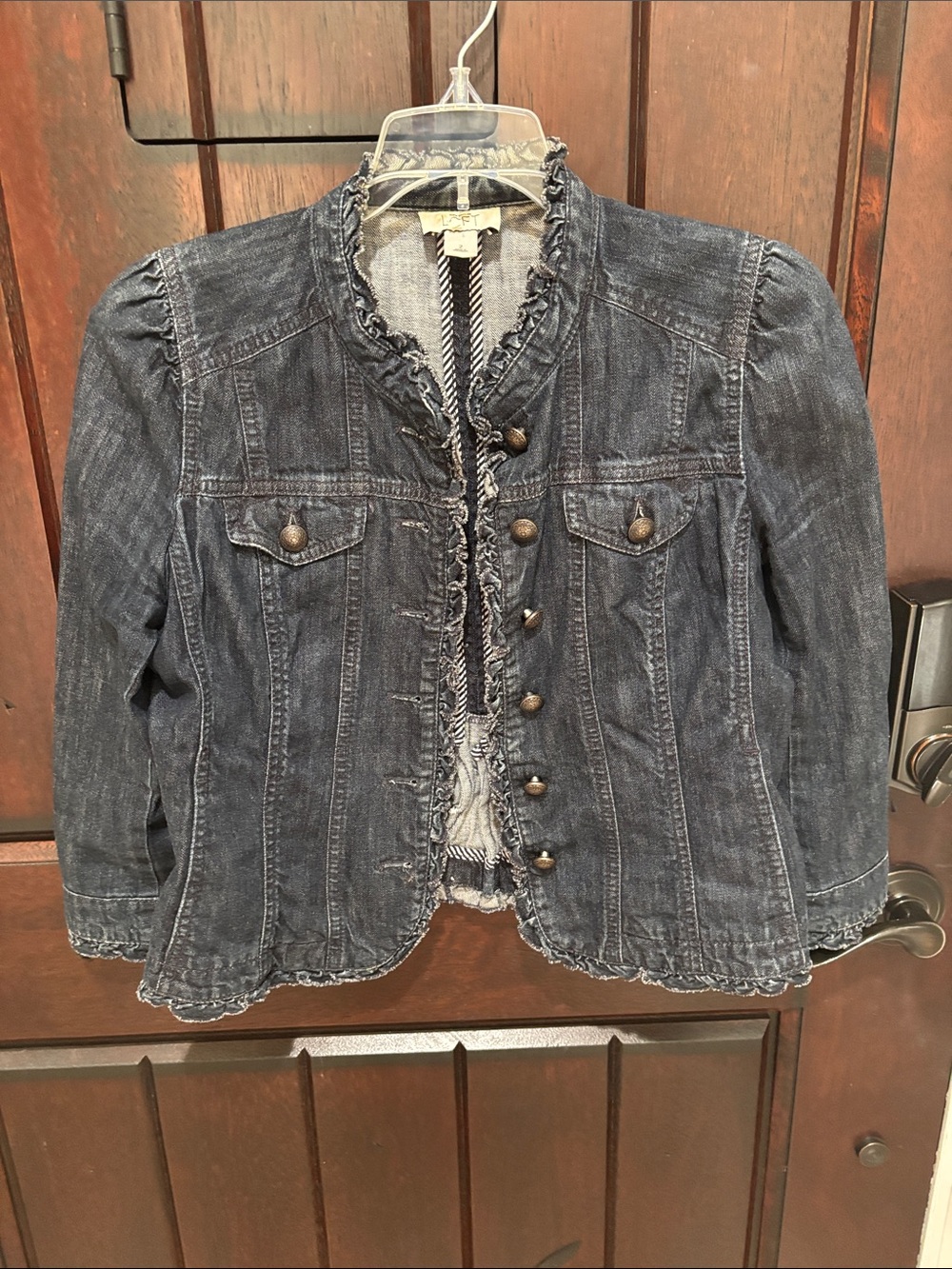 LOFT Dark Wash Denim Ruffle-Trim Jean Jacket 2